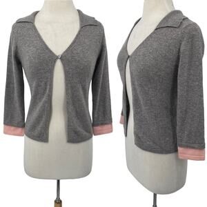 Linea Blu Cashmere Sweater Collared Single Front Button Pink Trim Grey Womens XS
